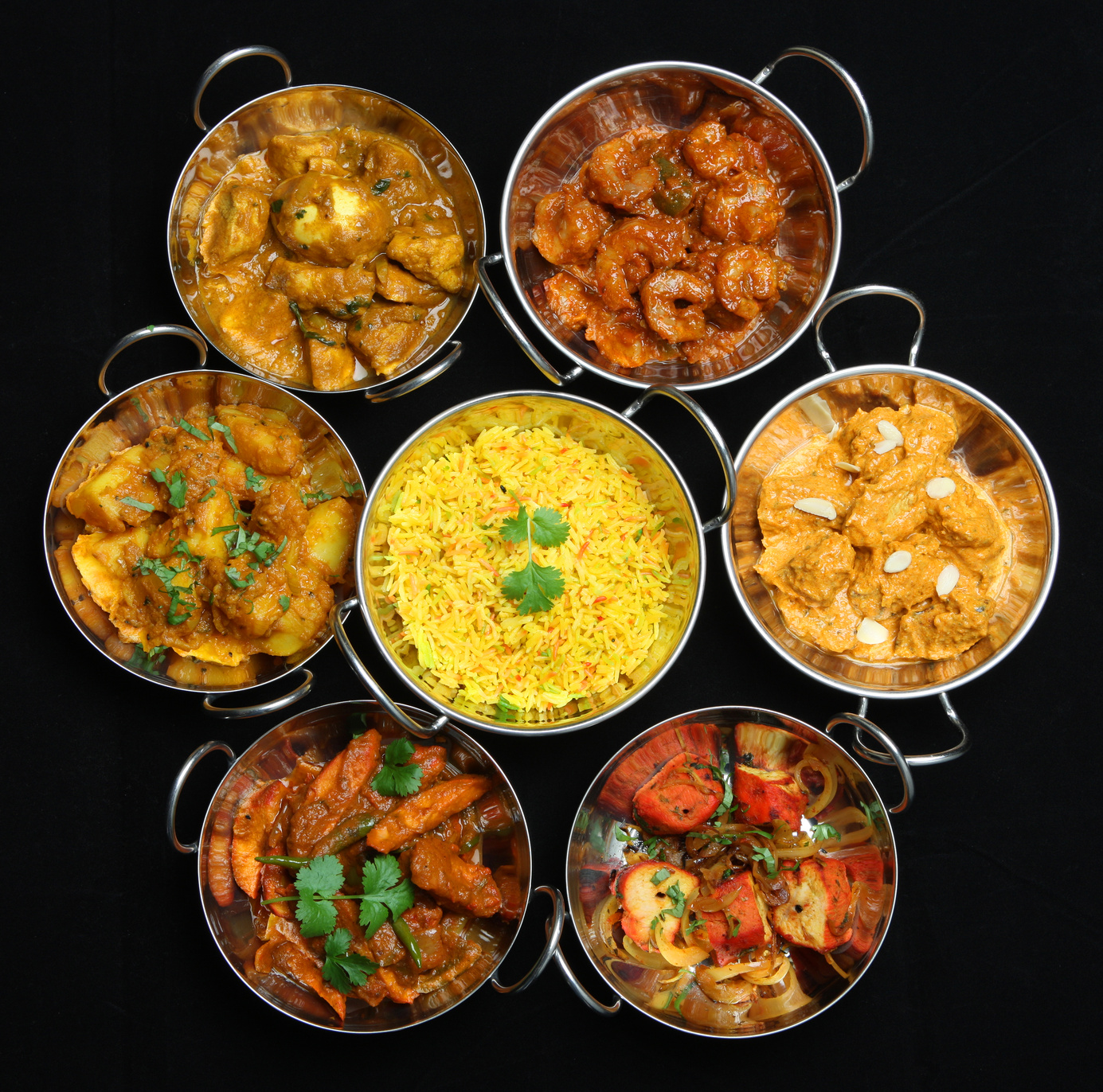 Selection of Indian curries and rice.